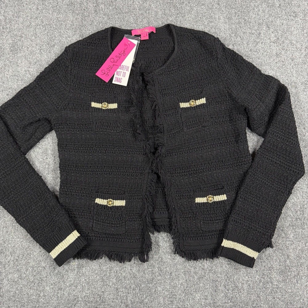 Lilly Pulitzer Beckington Cardigan Womens Small Black Metallic Clasp Fringe NEW
